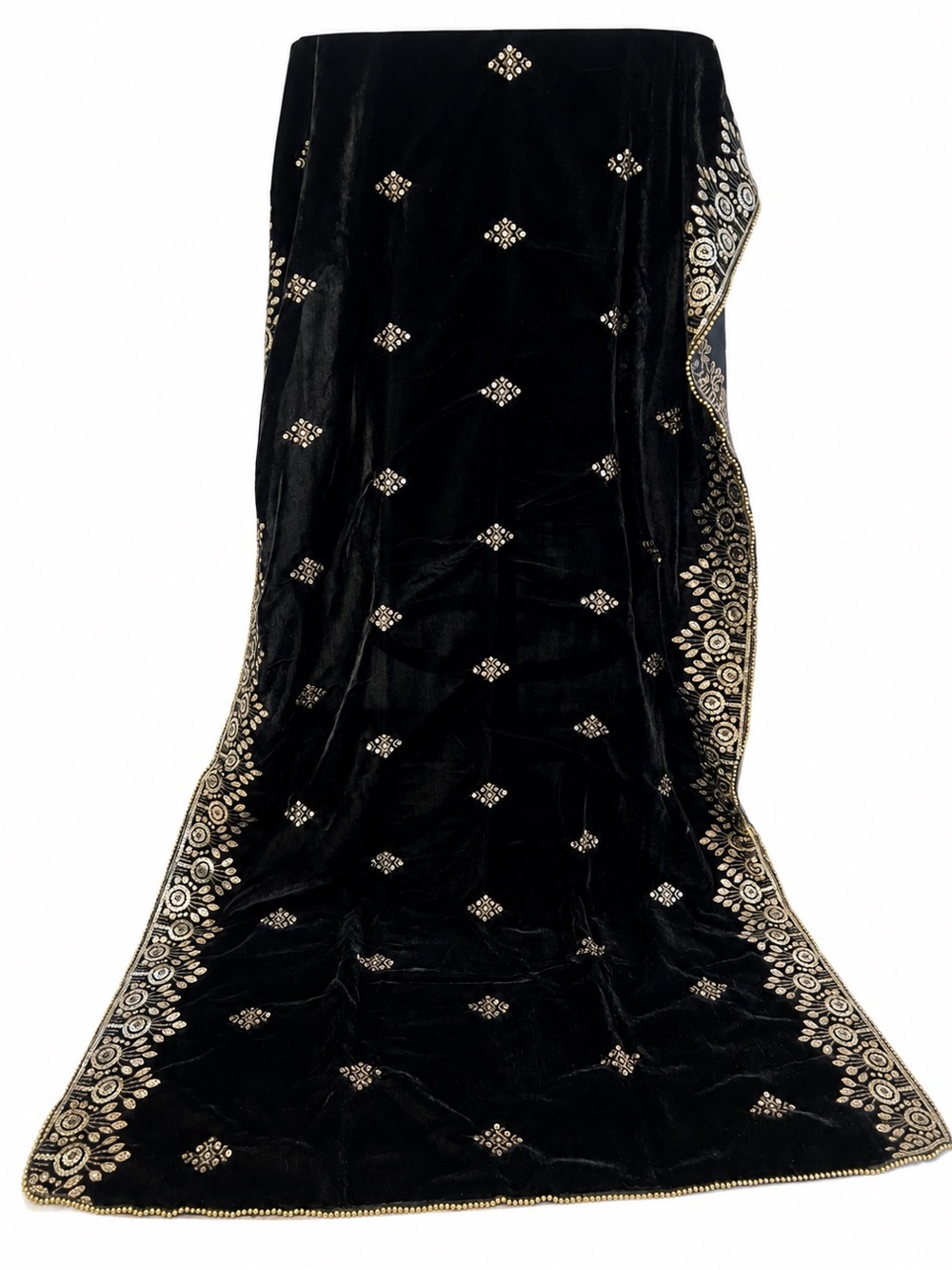 Black Velvet Embroidered Dupatta Shawl Stole Gold Silver Floral Border | Ethnic